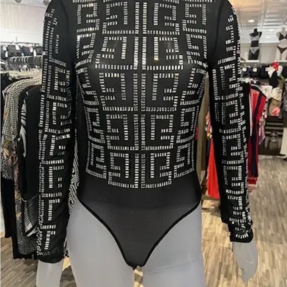 AKIRA Black Sheer Rhinestone Bodysuit